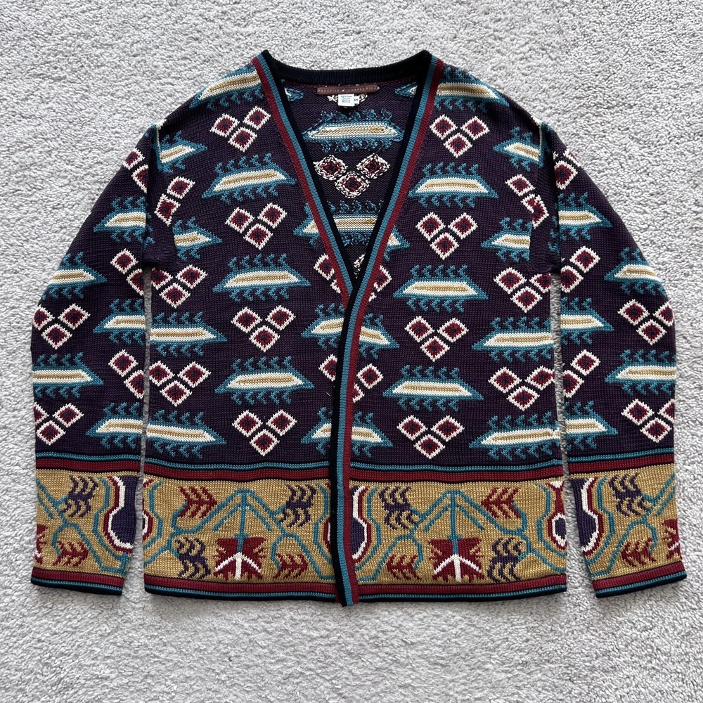 Peruvian Connection Geometric Intarsia Knit Cardigan Sweater Womens S Open Front
